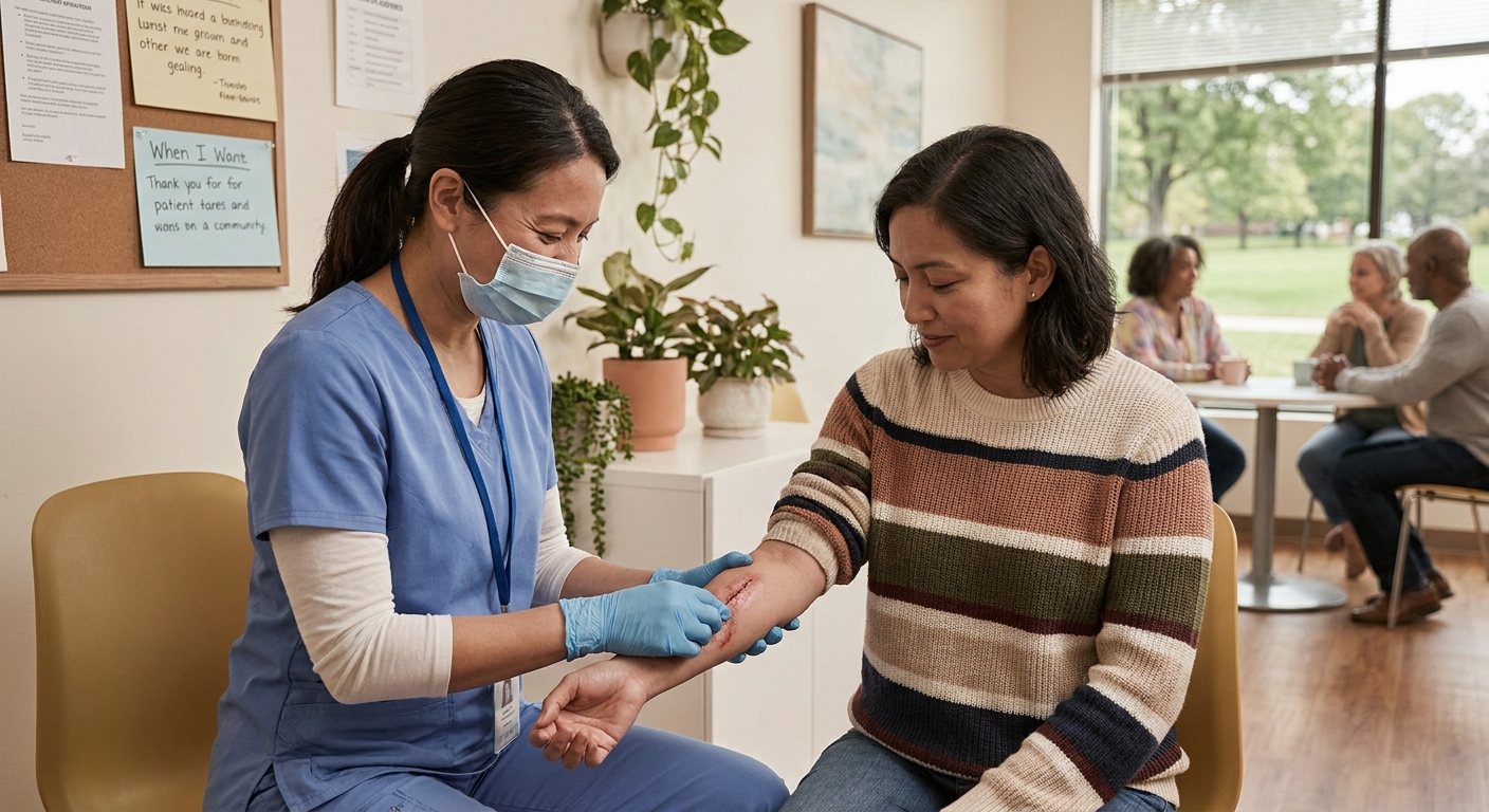 gloved clinician examining forearm wound