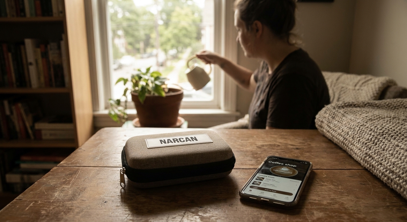 naloxone kit beside phone
