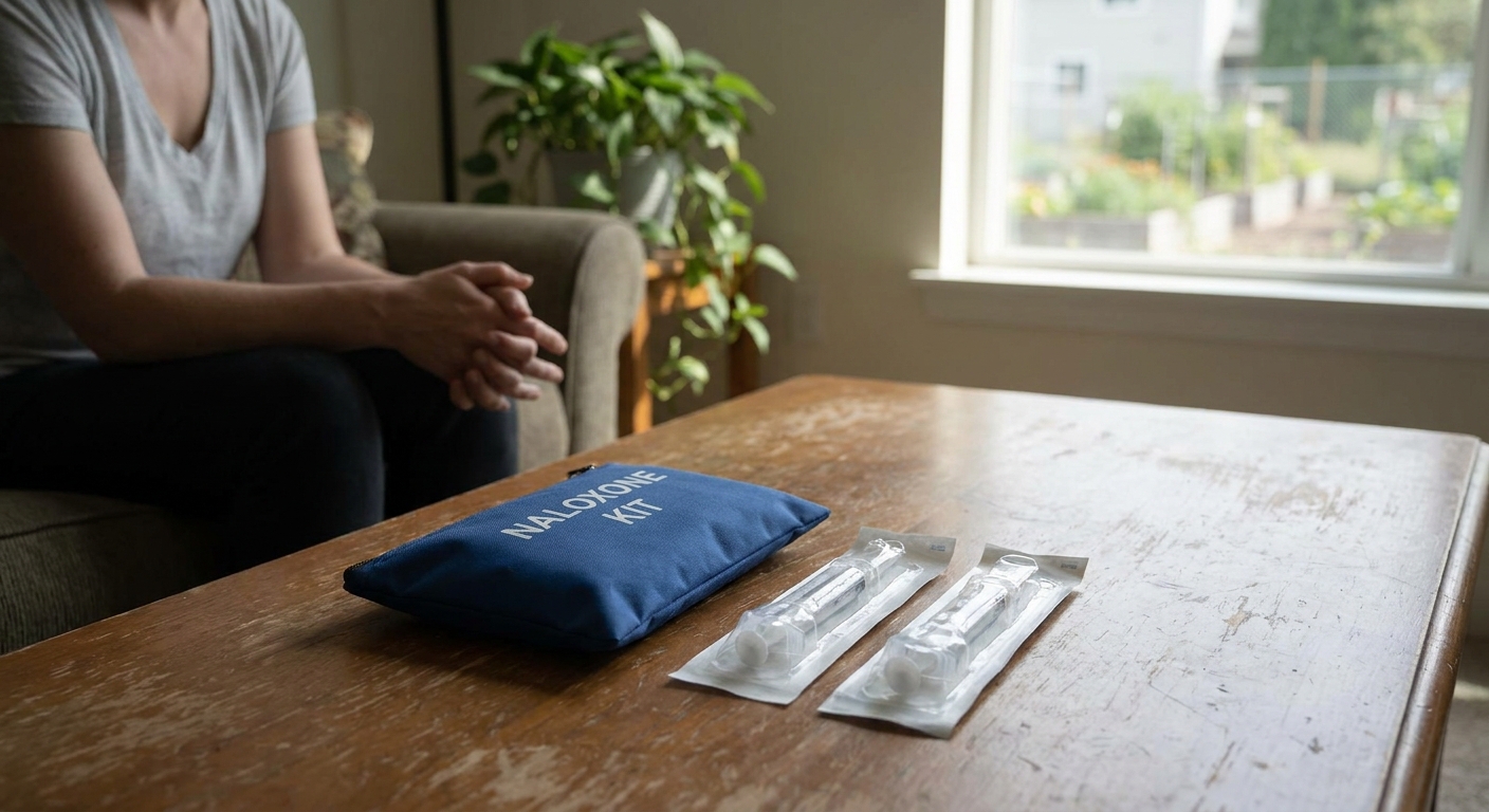 naloxone kit beside sterile syringes