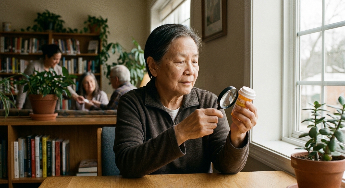 person reading medication warning label