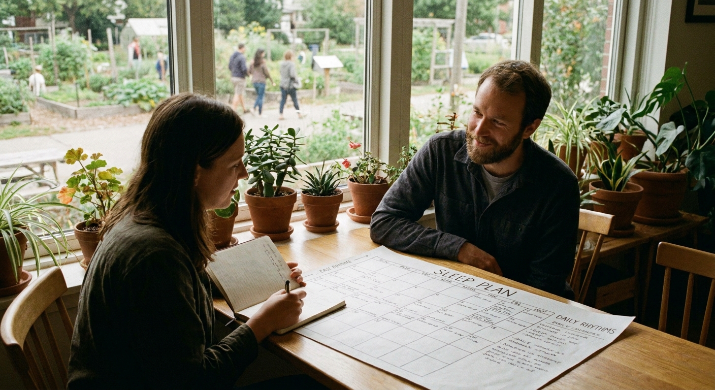 therapist and patient discussing sleep plan