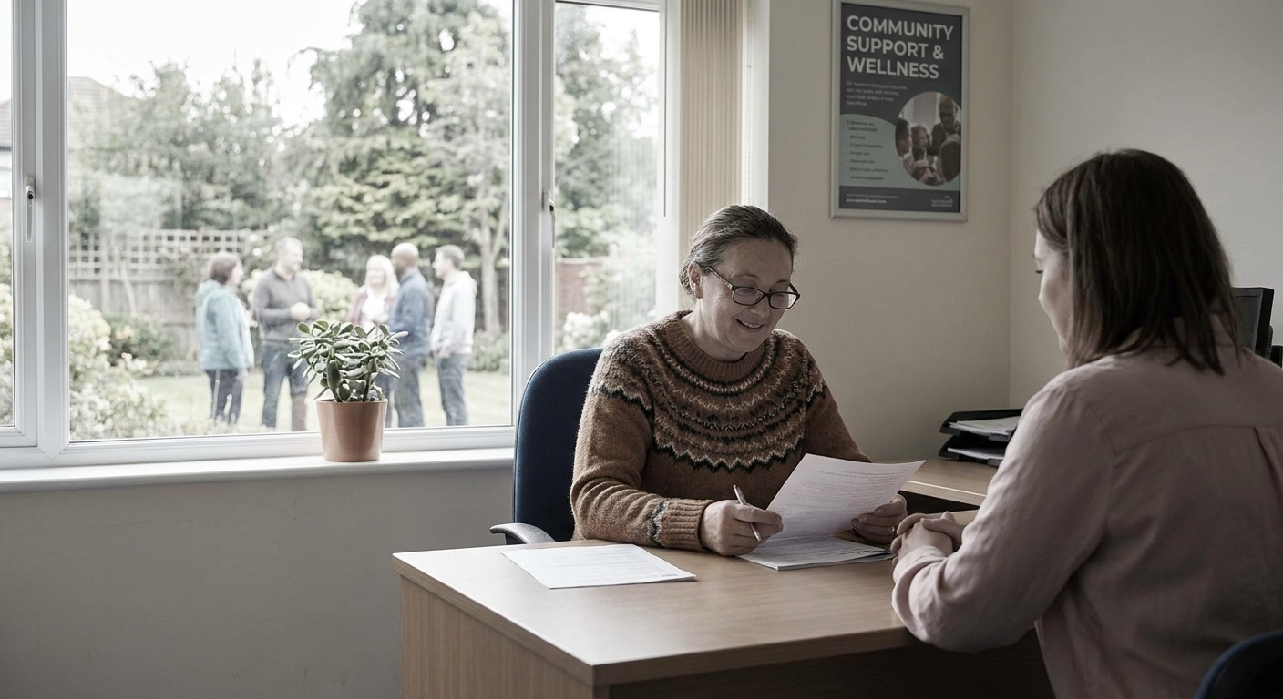 parent reviewing intake paperwork at desk