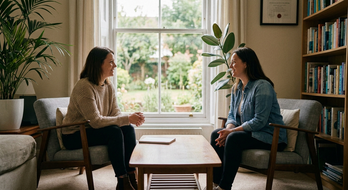 counselor and client talking in office