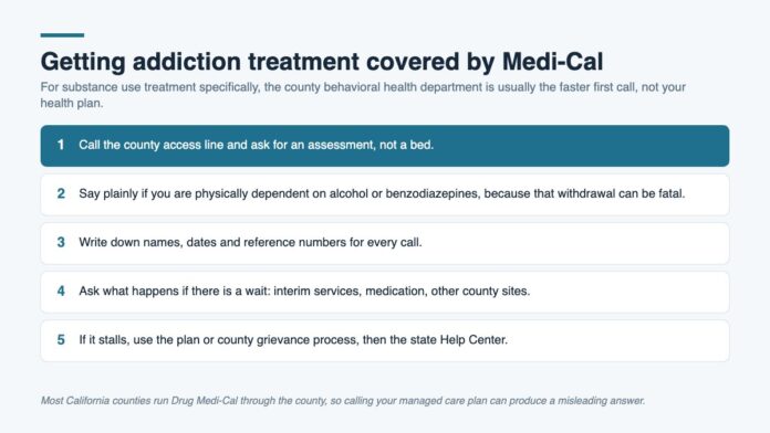 Five step graphic explaining how to access addiction treatment covered by Medi-Cal, starting with calling the county access line and asking for an assessment rather than a bed