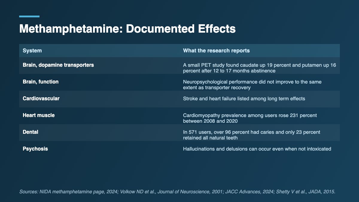 Table of documented methamphetamine effects on brain, heart, teeth and mental health.