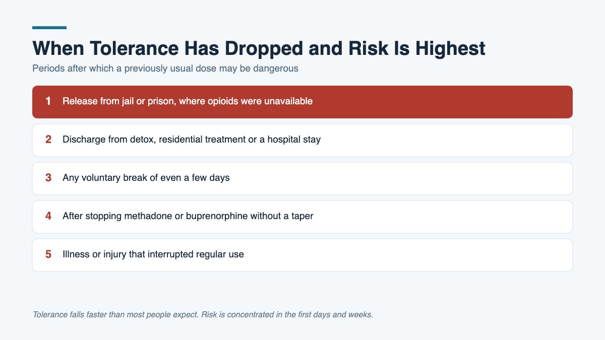 Checklist of five periods after which opioid tolerance has dropped and overdose risk is elevated.